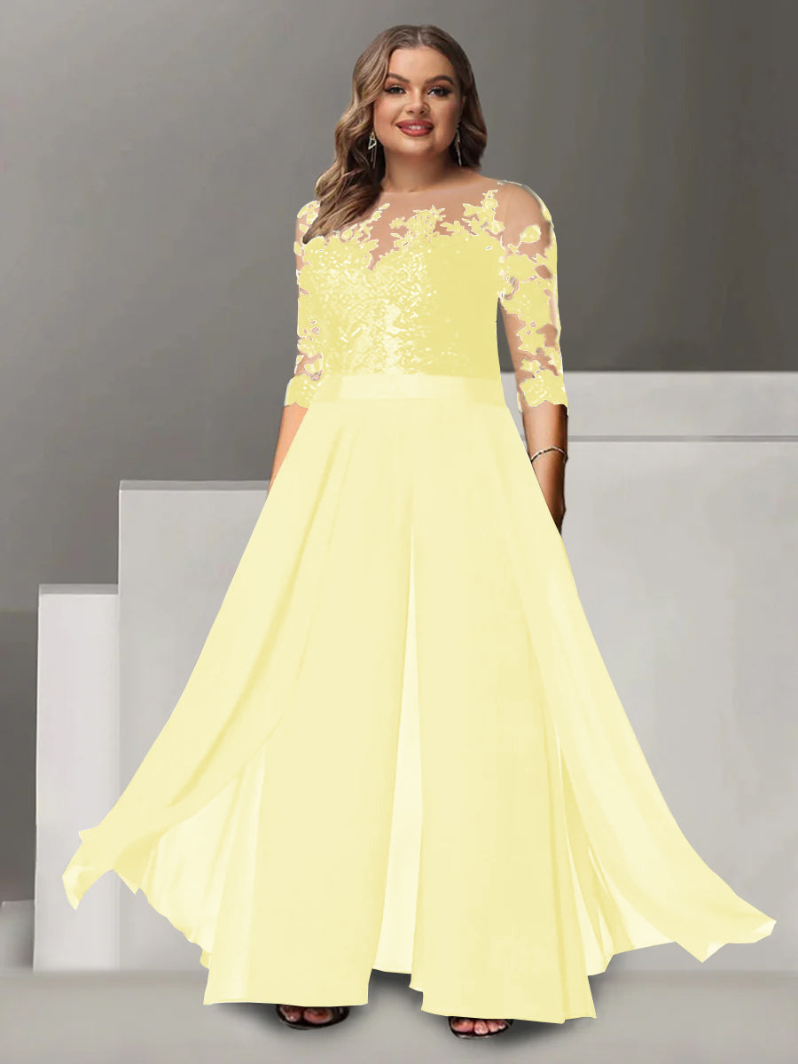 Princess A-Line Floor-Length Plus Size Mother of the Bride Pantsuit with Applique and 3/4 Sleeves Jewel Neck-BMbridal