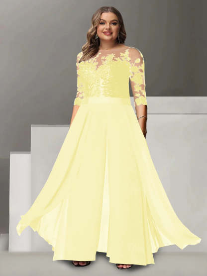 Princess A-Line Floor-Length Plus Size Mother of the Bride Pantsuit with Applique and 3/4 Sleeves Jewel Neck-BMbridal