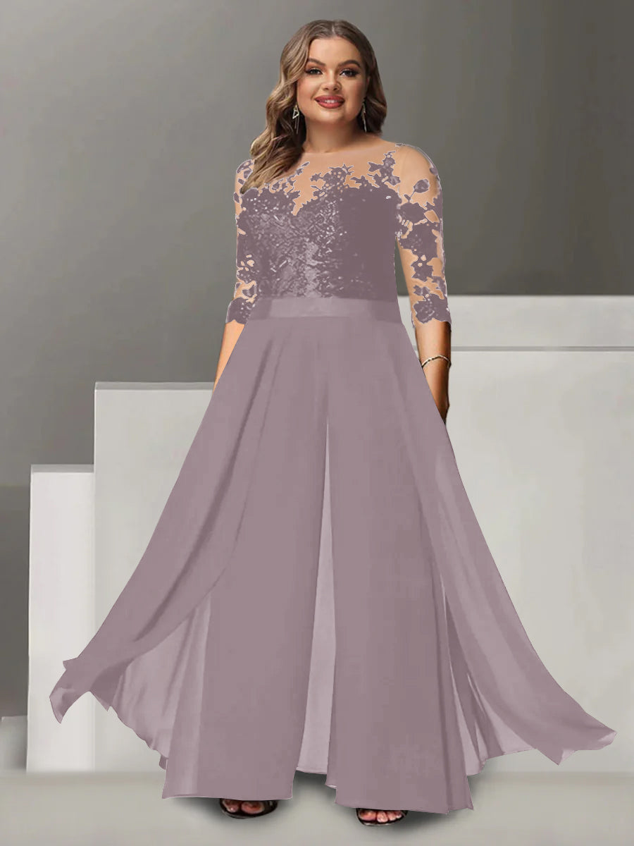 Princess A-Line Floor-Length Plus Size Mother of the Bride Pantsuit with Applique and 3/4 Sleeves Jewel Neck-BMbridal