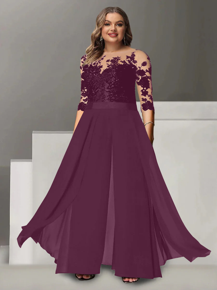 Princess A-Line Floor-Length Plus Size Mother of the Bride Pantsuit with Applique and 3/4 Sleeves Jewel Neck-BMbridal