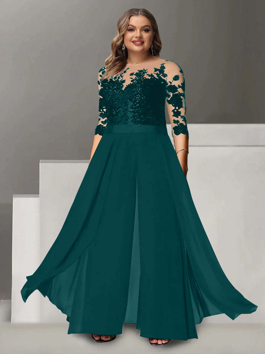 Princess A-Line Floor-Length Plus Size Mother of the Bride Pantsuit with Applique and 3/4 Sleeves Jewel Neck-BMbridal