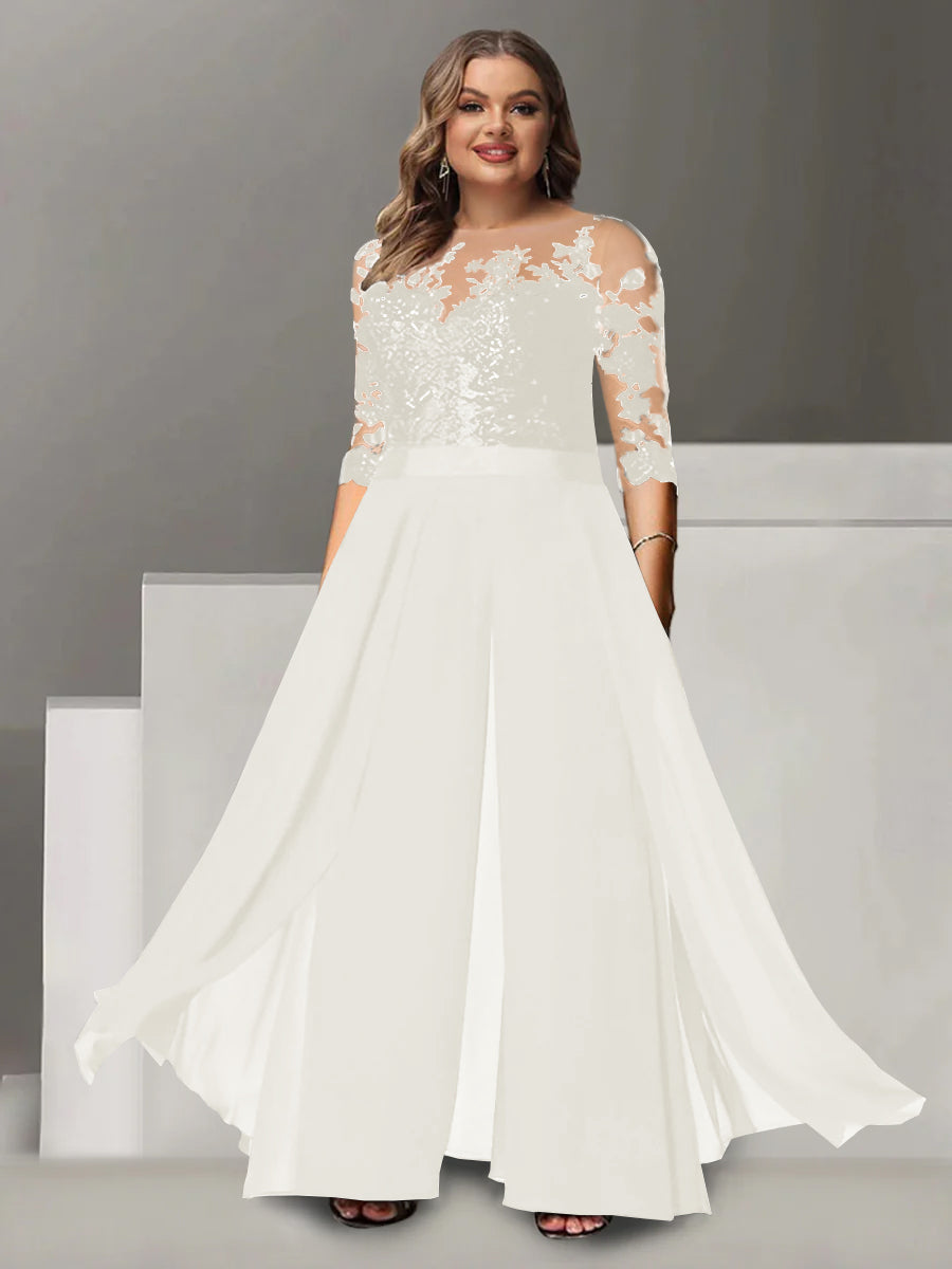 Princess A-Line Floor-Length Plus Size Mother of the Bride Pantsuit with Applique and 3/4 Sleeves Jewel Neck-BMbridal