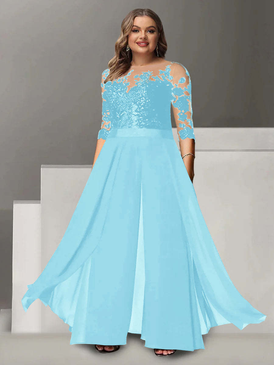 Princess A-Line Floor-Length Plus Size Mother of the Bride Pantsuit with Applique and 3/4 Sleeves Jewel Neck-BMbridal