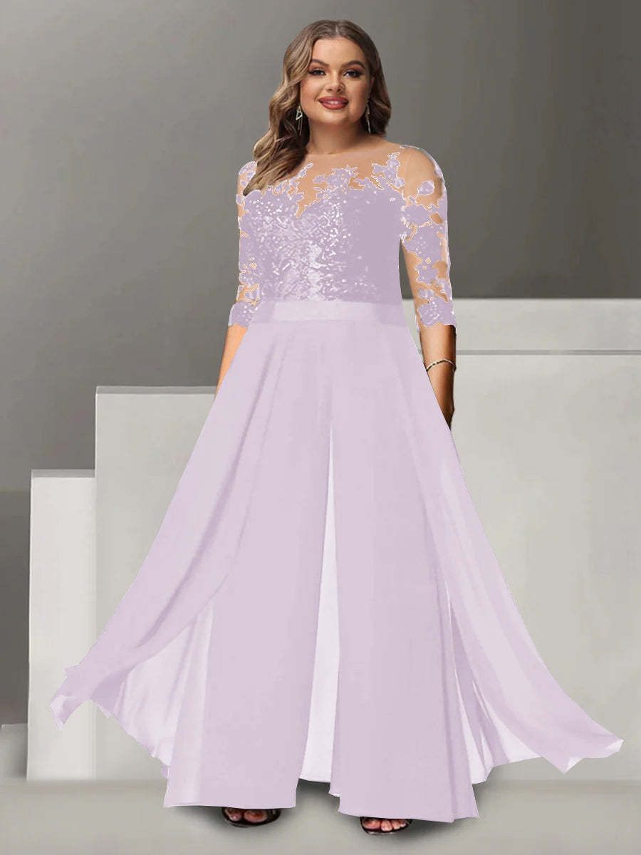 Princess A-Line Floor-Length Plus Size Mother of the Bride Pantsuit with Applique and 3/4 Sleeves Jewel Neck-BMbridal