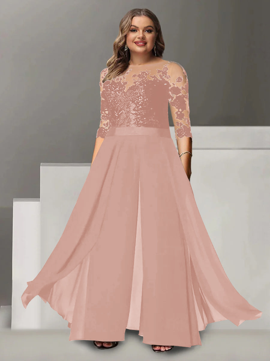 Princess A-Line Floor-Length Plus Size Mother of the Bride Pantsuit with Applique and 3/4 Sleeves Jewel Neck-BMbridal