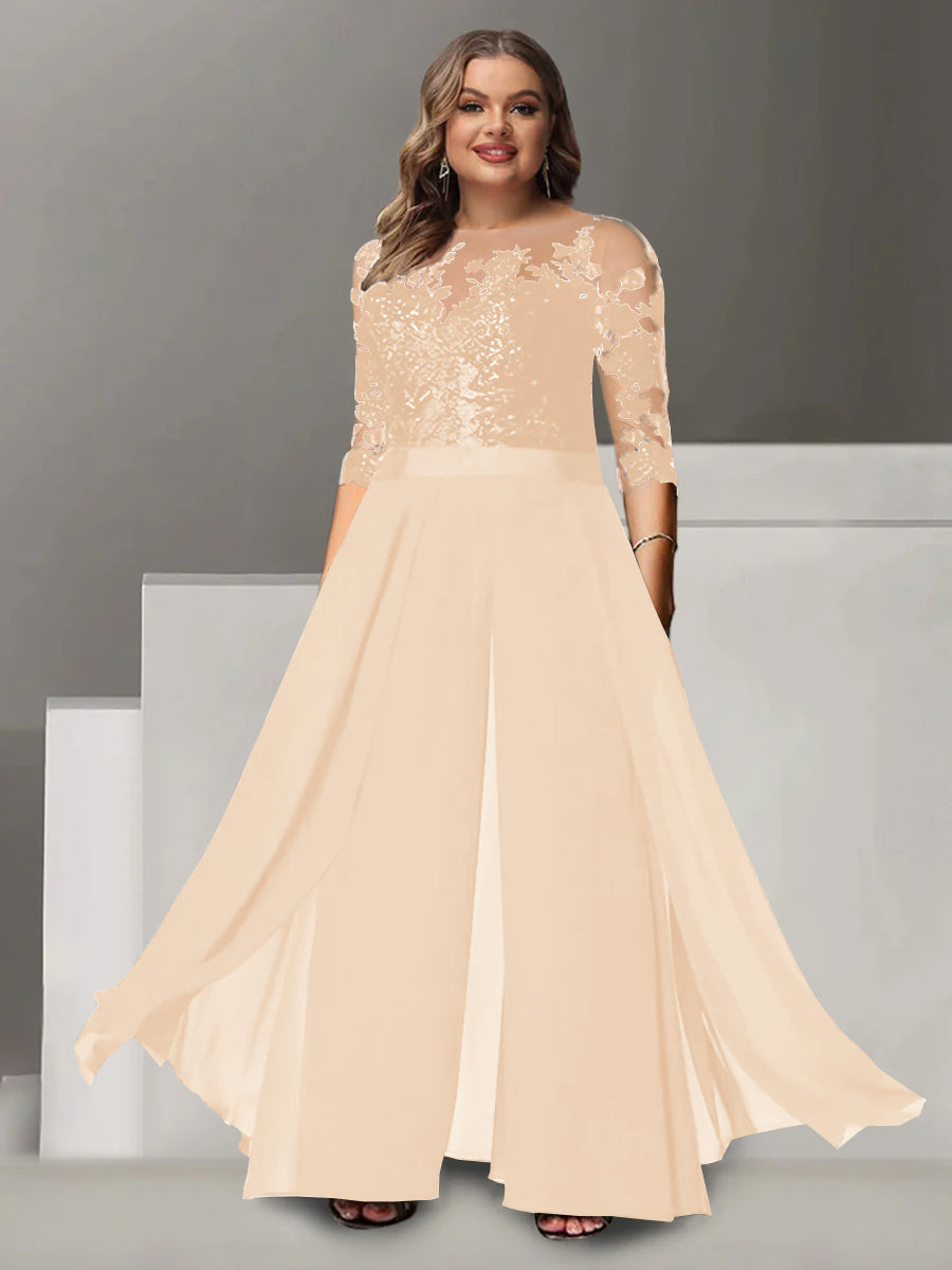 Princess A-Line Floor-Length Plus Size Mother of the Bride Pantsuit with Applique and 3/4 Sleeves Jewel Neck-BMbridal