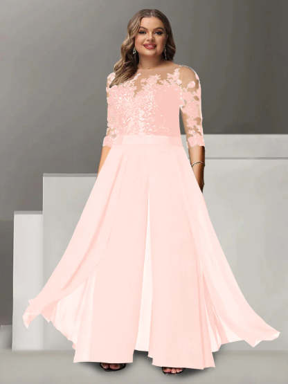 Princess A-Line Floor-Length Plus Size Mother of the Bride Pantsuit with Applique and 3/4 Sleeves Jewel Neck-BMbridal
