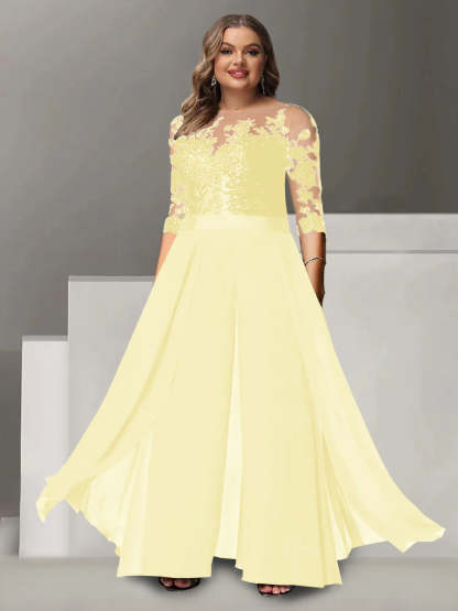 Princess A-Line Floor-Length Plus Size Mother of the Bride Pantsuit with Applique and 3/4 Sleeves Jewel Neck-BMbridal