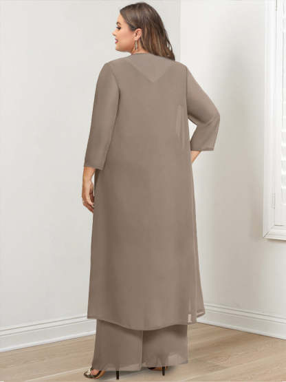 Plus Size Floor-Length Chiffon Pantsuit for the Mother of the Bride with Round Neck and Applique Jacket-BMbridal