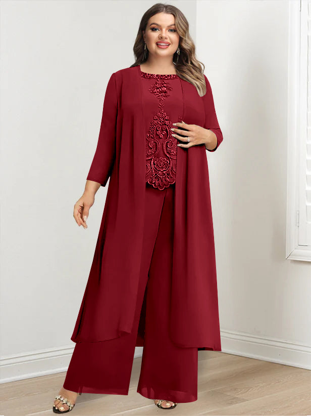 Plus Size Floor-Length Chiffon Pantsuit for the Mother of the Bride with Round Neck and Applique Jacket-BMbridal