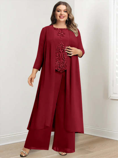 Plus Size Floor-Length Chiffon Pantsuit for the Mother of the Bride with Round Neck and Applique Jacket-BMbridal