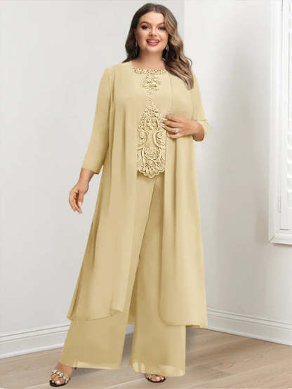 Plus Size Floor-Length Chiffon Pantsuit for the Mother of the Bride with Round Neck and Applique Jacket-BMbridal