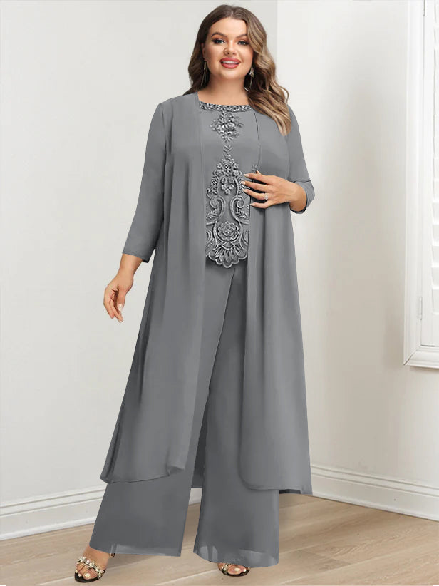 Plus Size Floor-Length Chiffon Pantsuit for the Mother of the Bride with Round Neck and Applique Jacket-BMbridal