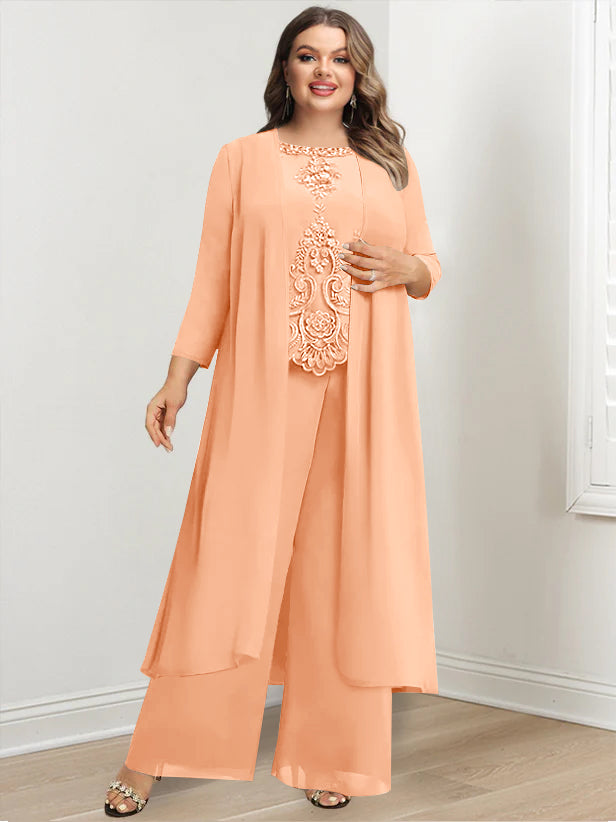Plus Size Floor-Length Chiffon Pantsuit for the Mother of the Bride with Round Neck and Applique Jacket-BMbridal