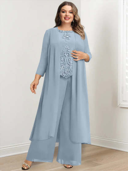Plus Size Floor-Length Chiffon Pantsuit for the Mother of the Bride with Round Neck and Applique Jacket-BMbridal