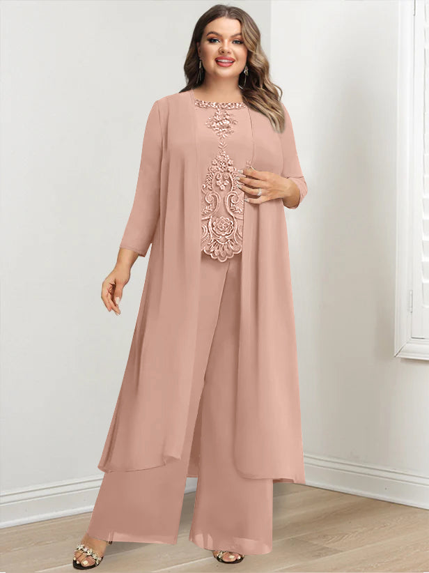 Plus Size Floor-Length Chiffon Pantsuit for the Mother of the Bride with Round Neck and Applique Jacket-BMbridal