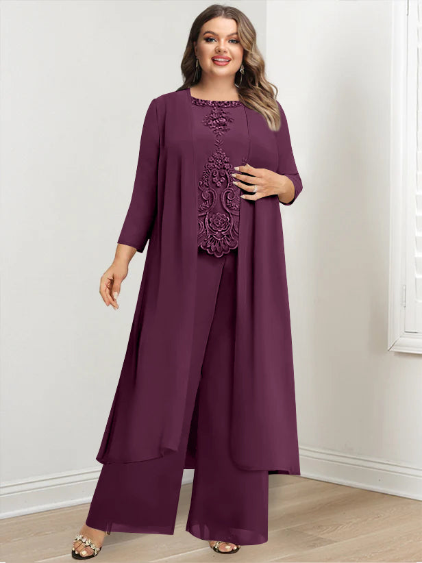 Plus Size Floor-Length Chiffon Pantsuit for the Mother of the Bride with Round Neck and Applique Jacket-BMbridal