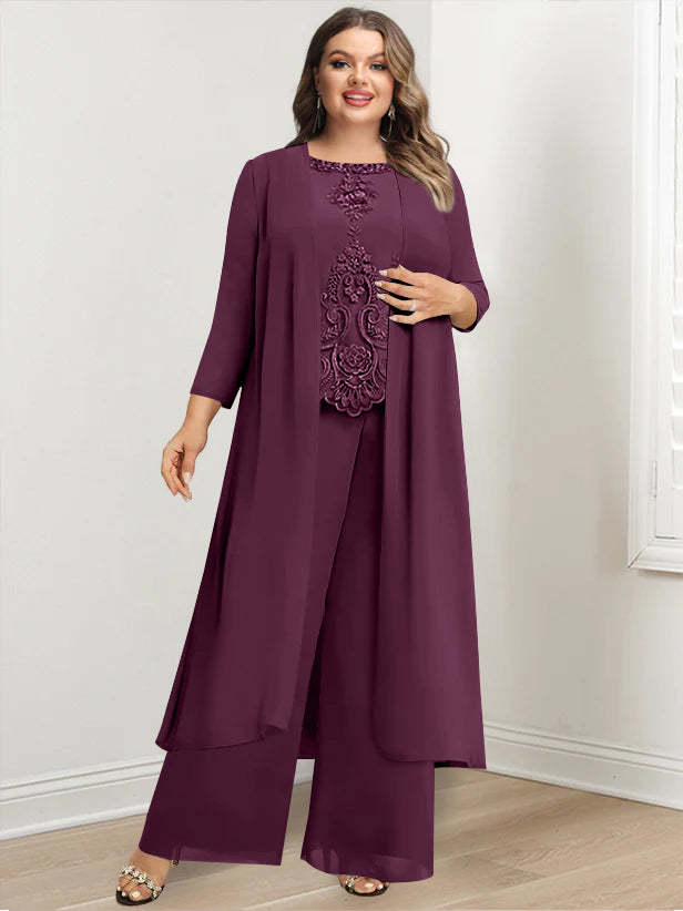 Plus Size Floor-Length Chiffon Pantsuit for the Mother of the Bride with Round Neck and Applique Jacket-BMbridal