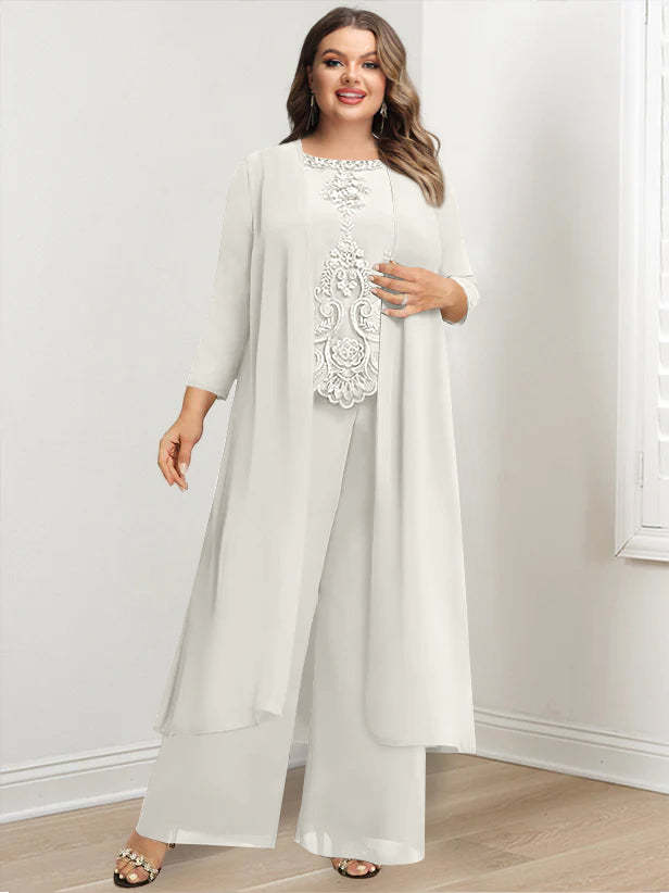 Plus Size Floor-Length Chiffon Pantsuit for the Mother of the Bride with Round Neck and Applique Jacket-BMbridal