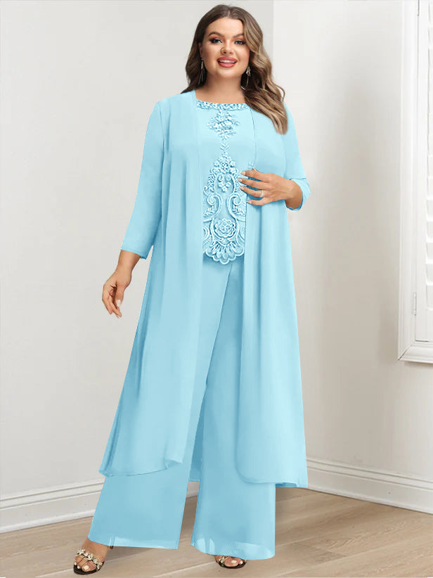 Plus Size Floor-Length Chiffon Pantsuit for the Mother of the Bride with Round Neck and Applique Jacket-BMbridal