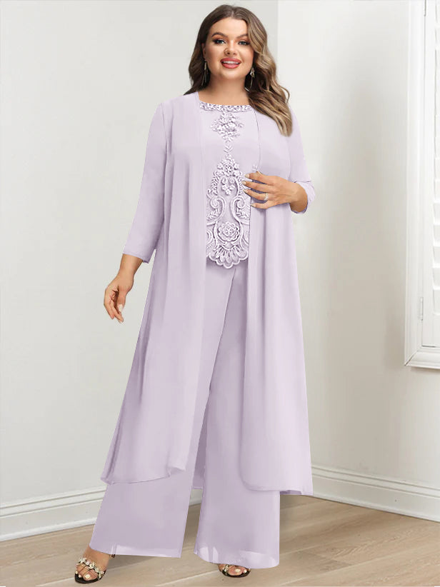 Plus Size Floor-Length Chiffon Pantsuit for the Mother of the Bride with Round Neck and Applique Jacket-BMbridal