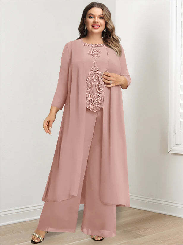 Plus Size Floor-Length Chiffon Pantsuit for the Mother of the Bride with Round Neck and Applique Jacket-BMbridal