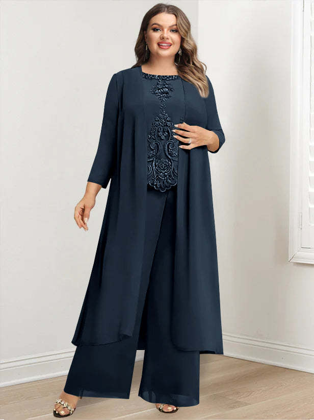 Plus Size Floor-Length Chiffon Pantsuit for the Mother of the Bride with Round Neck and Applique Jacket-BMbridal