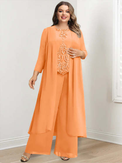Plus Size Floor-Length Chiffon Pantsuit for the Mother of the Bride with Round Neck and Applique Jacket-BMbridal