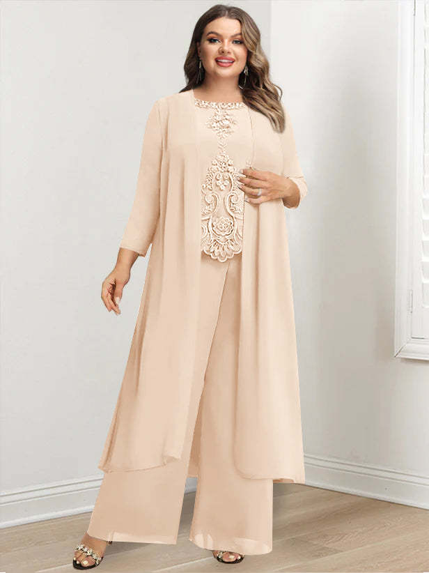 Plus Size Floor-Length Chiffon Pantsuit for the Mother of the Bride with Round Neck and Applique Jacket-BMbridal