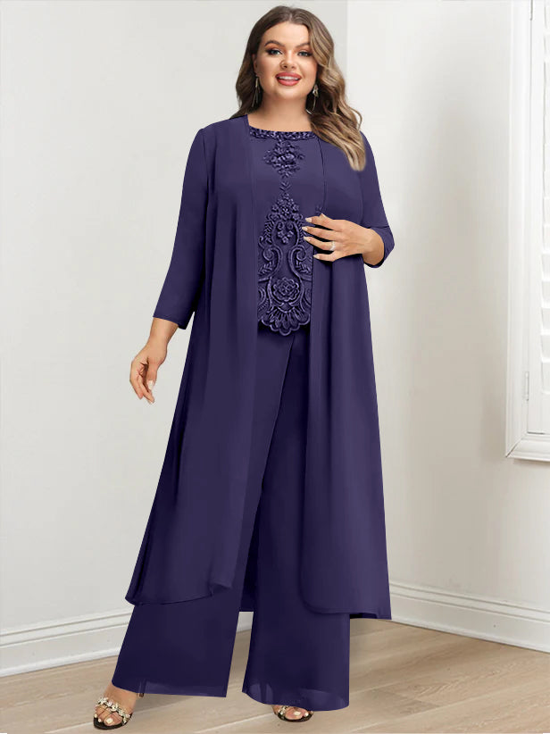 Plus Size Floor-Length Chiffon Pantsuit for the Mother of the Bride with Round Neck and Applique Jacket-BMbridal