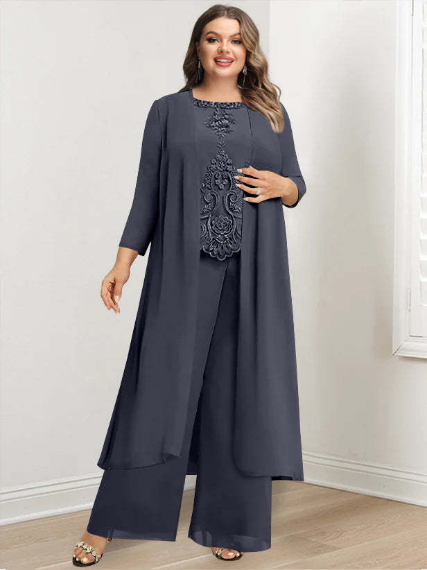 Plus Size Floor-Length Chiffon Pantsuit for the Mother of the Bride with Round Neck and Applique Jacket-BMbridal