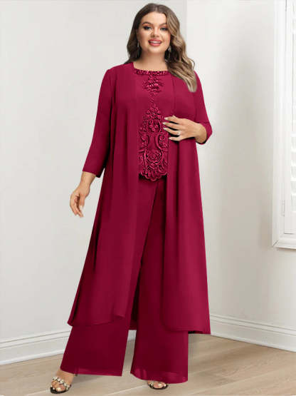 Plus Size Floor-Length Chiffon Pantsuit for the Mother of the Bride with Round Neck and Applique Jacket-BMbridal