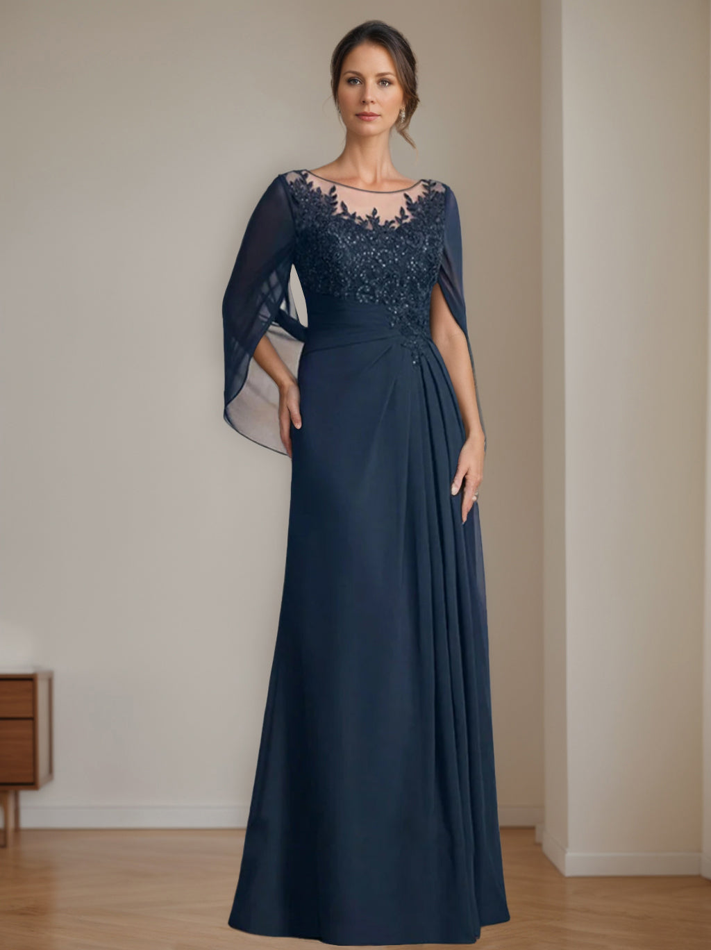 Floor-Length A-Line Princess Mother of the Bride Dresses with Scoop Neckline Pleated & Sequins-BMbridal