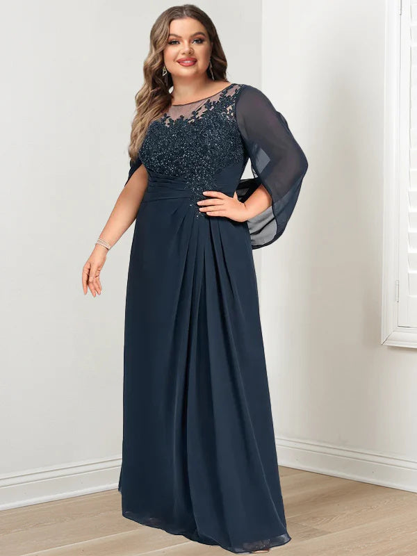 Plus Size Floor-Length Mother of the Bride A-Line Dress with Scoop Neckline Pleats and Sequins-BMbridal