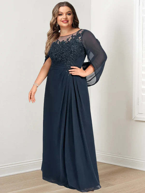 Plus Size Floor-Length Mother of the Bride A-Line Dress with Scoop Neckline Pleats and Sequins-BMbridal