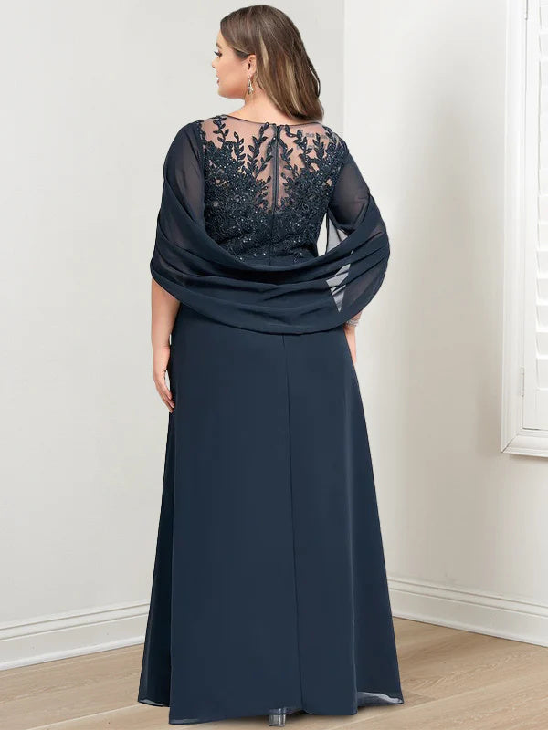 Plus Size Floor-Length Mother of the Bride A-Line Dress with Scoop Neckline Pleats and Sequins-BMbridal