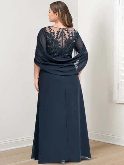 Plus Size Floor-Length Mother of the Bride A-Line Dress with Scoop Neckline Pleats and Sequins-BMbridal