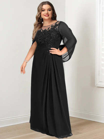Plus Size Floor-Length Mother of the Bride A-Line Dress with Scoop Neckline Pleats and Sequins-BMbridal