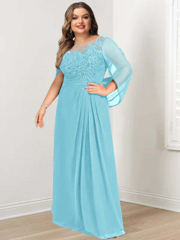 Plus Size Floor-Length Mother of the Bride A-Line Dress with Scoop Neckline Pleats and Sequins-BMbridal