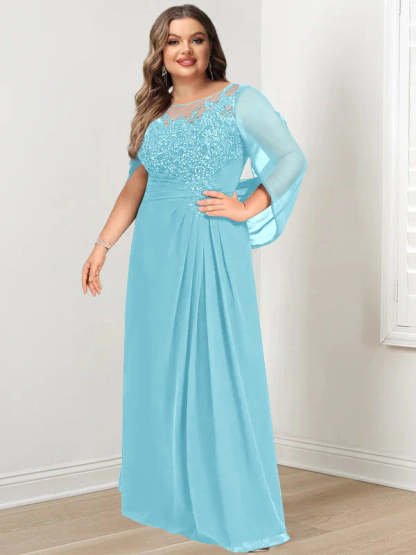 Plus Size Floor-Length Mother of the Bride A-Line Dress with Scoop Neckline Pleats and Sequins-BMbridal