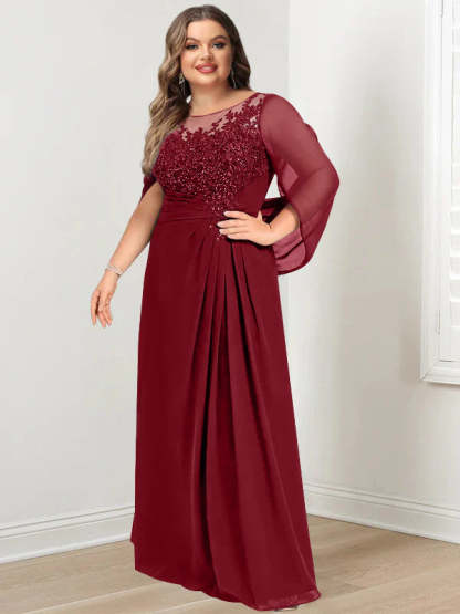 Plus Size Floor-Length Mother of the Bride A-Line Dress with Scoop Neckline Pleats and Sequins-BMbridal