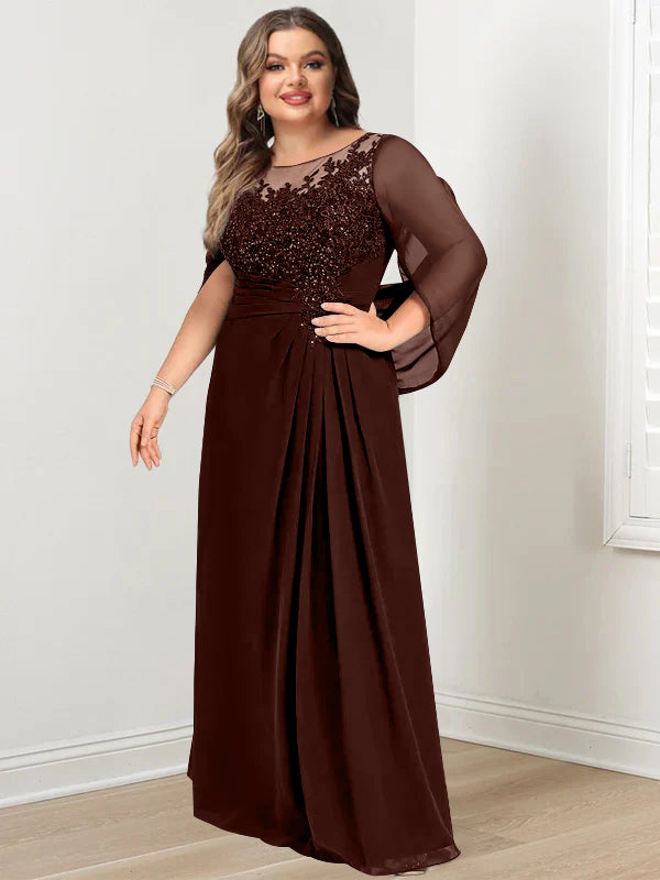 Plus Size Floor-Length Mother of the Bride A-Line Dress with Scoop Neckline Pleats and Sequins-BMbridal