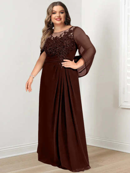 Plus Size Floor-Length Mother of the Bride A-Line Dress with Scoop Neckline Pleats and Sequins-BMbridal