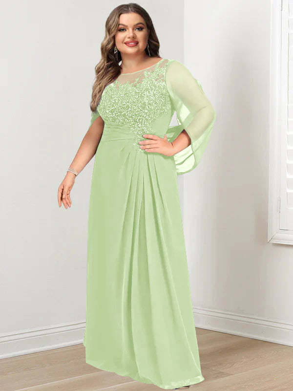 Plus Size Floor-Length Mother of the Bride A-Line Dress with Scoop Neckline Pleats and Sequins-BMbridal