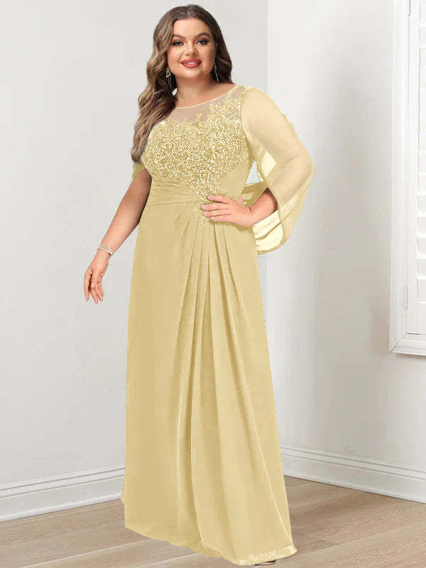 Plus Size Floor-Length Mother of the Bride A-Line Dress with Scoop Neckline Pleats and Sequins-BMbridal