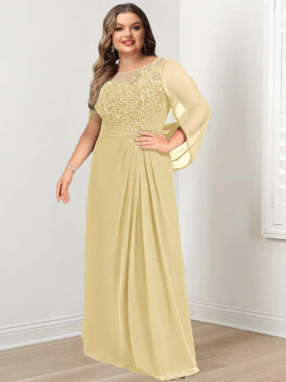 Plus Size Floor-Length Mother of the Bride A-Line Dress with Scoop Neckline Pleats and Sequins-BMbridal