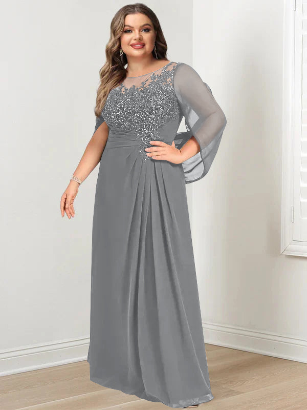 Plus Size Floor-Length Mother of the Bride A-Line Dress with Scoop Neckline Pleats and Sequins-BMbridal