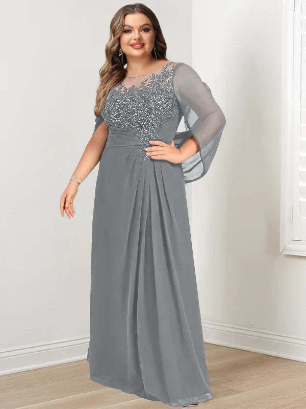 Plus Size Floor-Length Mother of the Bride A-Line Dress with Scoop Neckline Pleats and Sequins-BMbridal