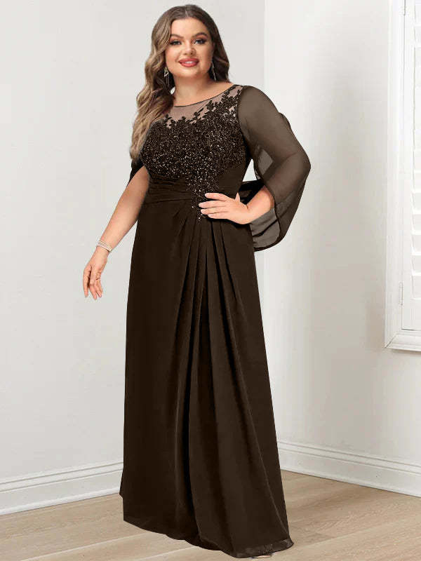 Plus Size Floor-Length Mother of the Bride A-Line Dress with Scoop Neckline Pleats and Sequins-BMbridal