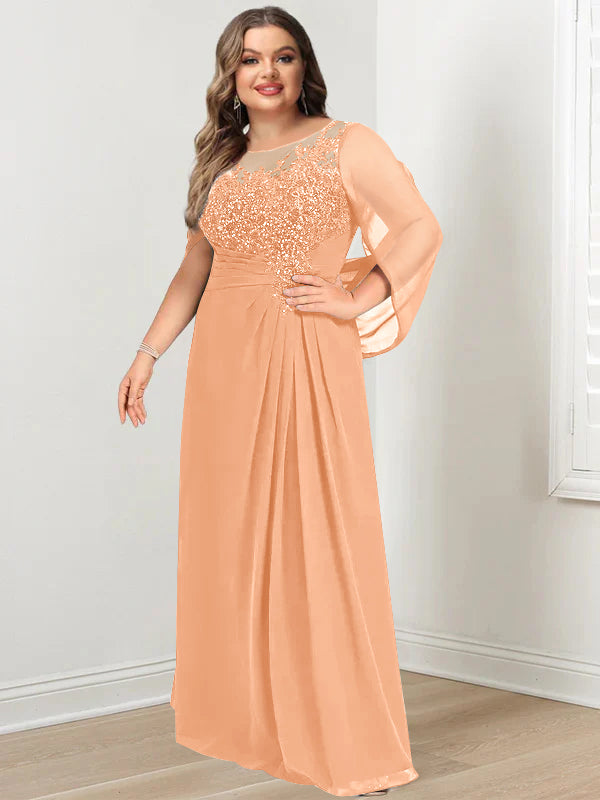 Plus Size Floor-Length Mother of the Bride A-Line Dress with Scoop Neckline Pleats and Sequins-BMbridal